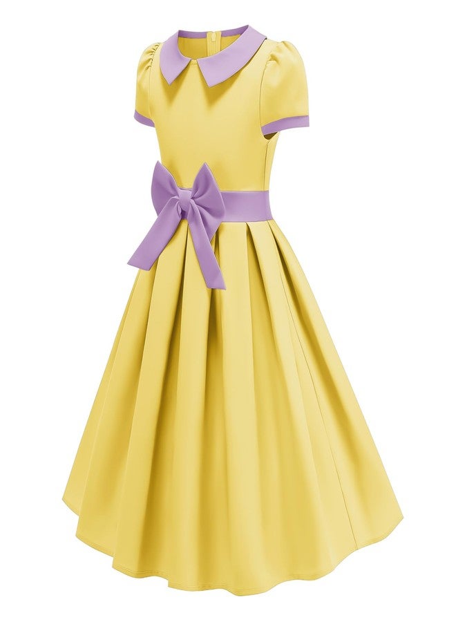 IWEMEK Kids 1950s Vintage Dresses for Girls 50s Outfits Doll Collar Bowknot Audrey Hepburn Rockabilly Cocktail Swing Dress Short Sleeve Pleated Retro 50s Style Tea Party Prom Church Clothes Yellow 9-10 Years - Image 2